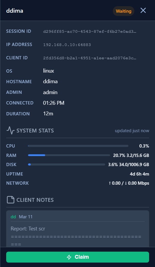 Session detail panel showing system stats, client notes, and Claim button