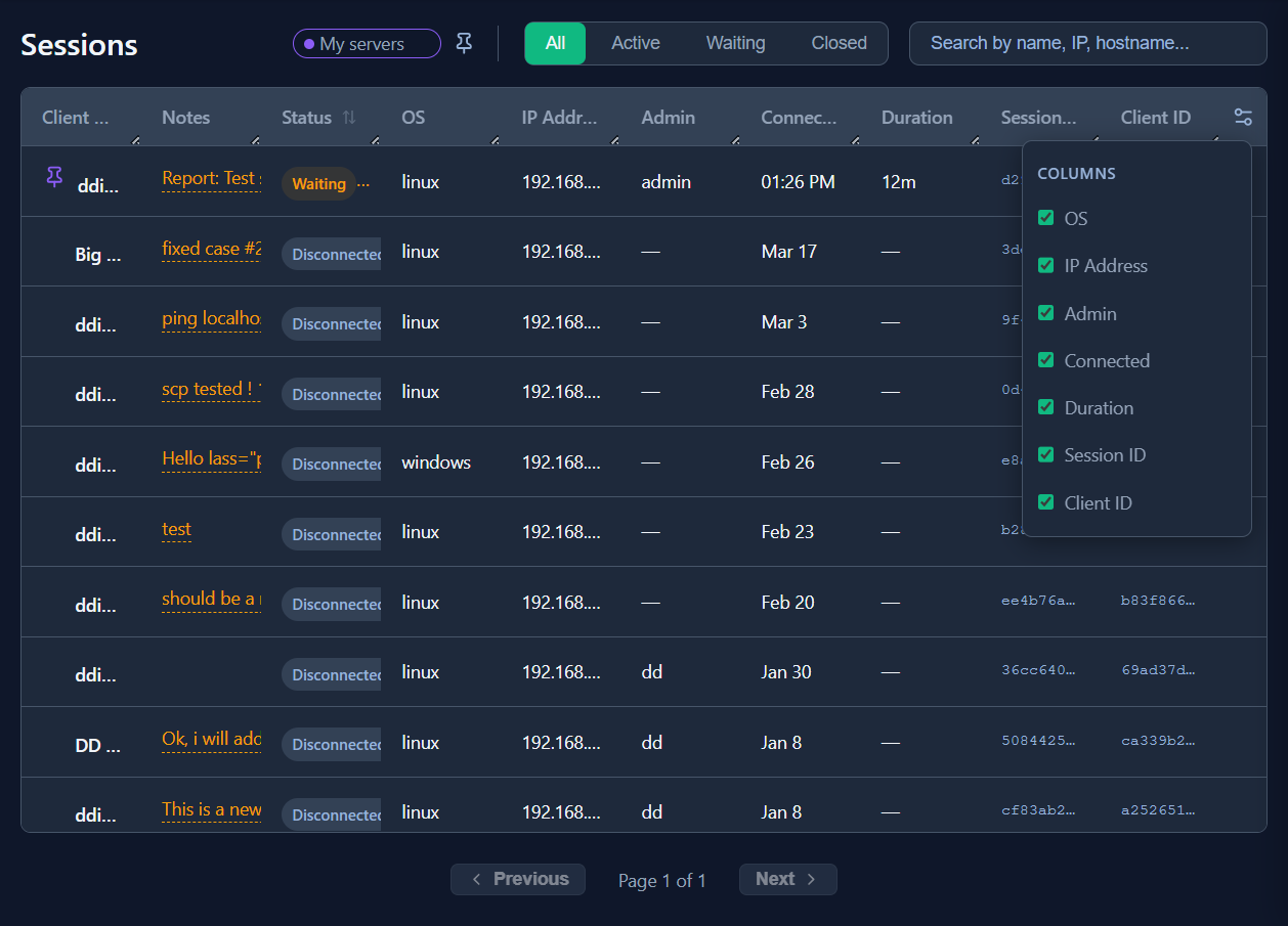 Sessions dashboard showing the client table with status, OS, IP Address, connected time and duration columns