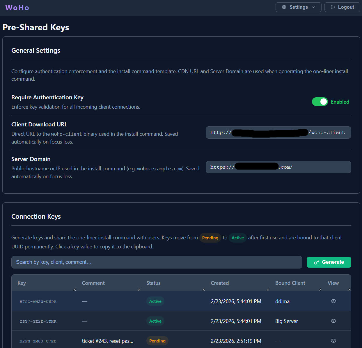 Pre-Shared Keys page showing the keys table with status badges, label, usage count, and action buttons