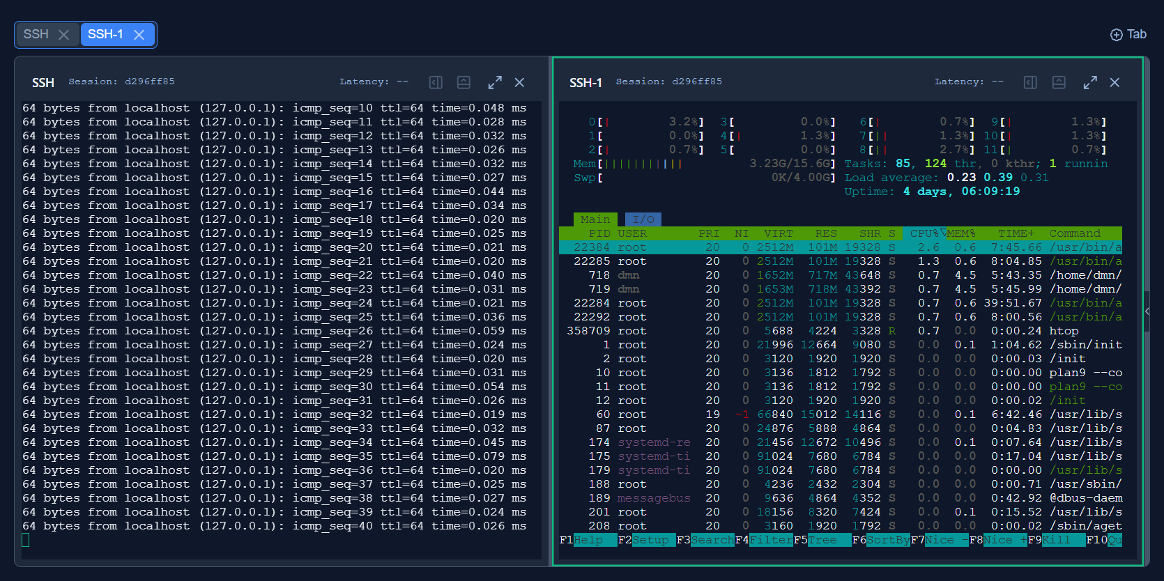 Two SSH terminals tiled side-by-side: left showing ping output, right showing htop