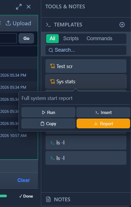 Tools & Notes sidebar showing the Templates section with All/Scripts/Commands filter and Run/Insert/Copy/Report actions